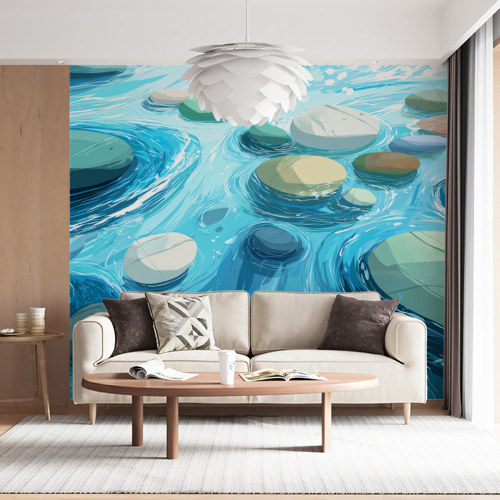 Tranquil River Stones Mural Wallpaper | Stylized Blue Water