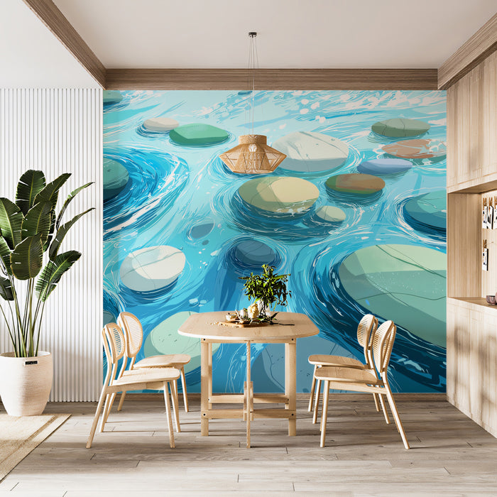 Tranquil River Stones Mural Wallpaper | Stylized Blue Water