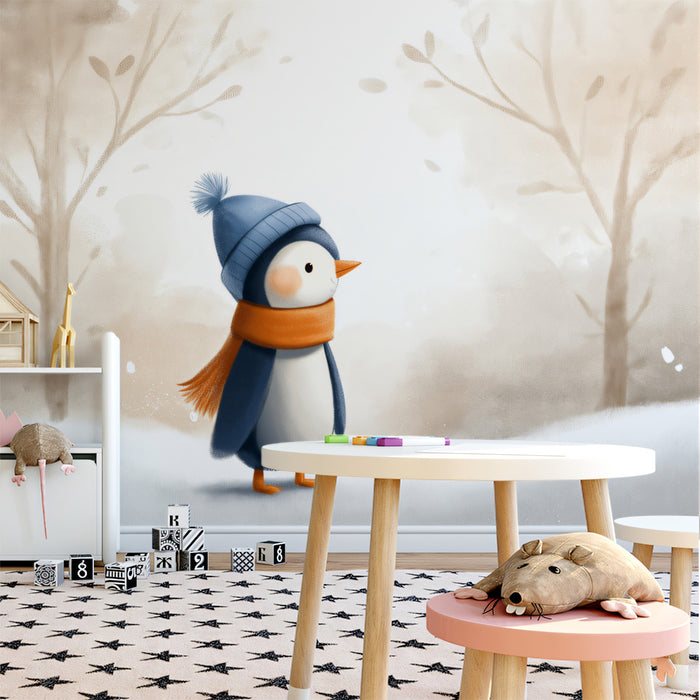 Cute Winter Penguin Mural Wallpaper | Soft Snowy Forest