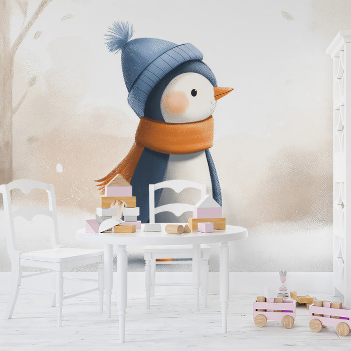 Cute Winter Penguin Mural Wallpaper | Soft Snowy Forest