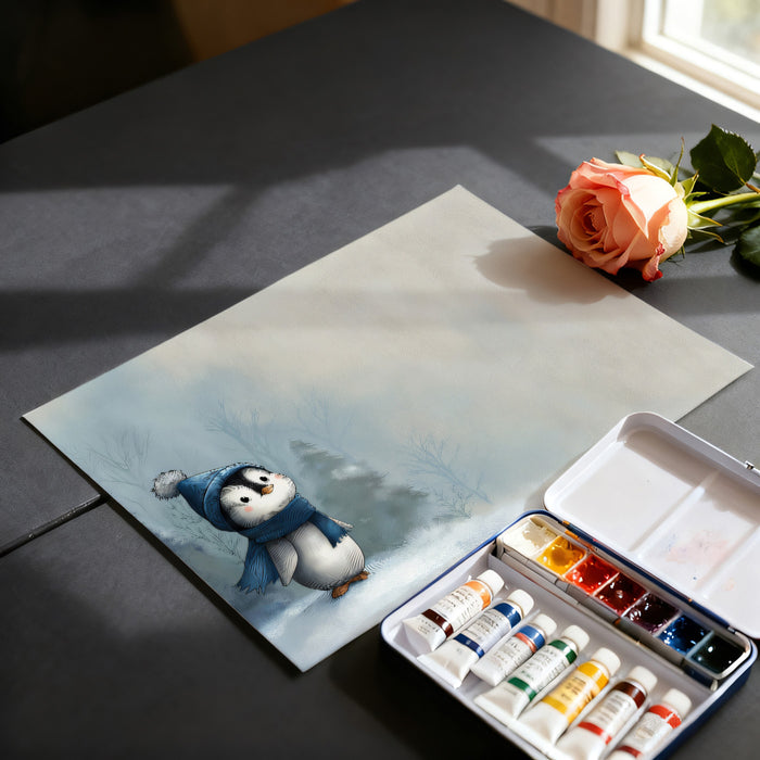 Whimsical Penguin Landscape Mural Wallpaper | Blue Winter Mist