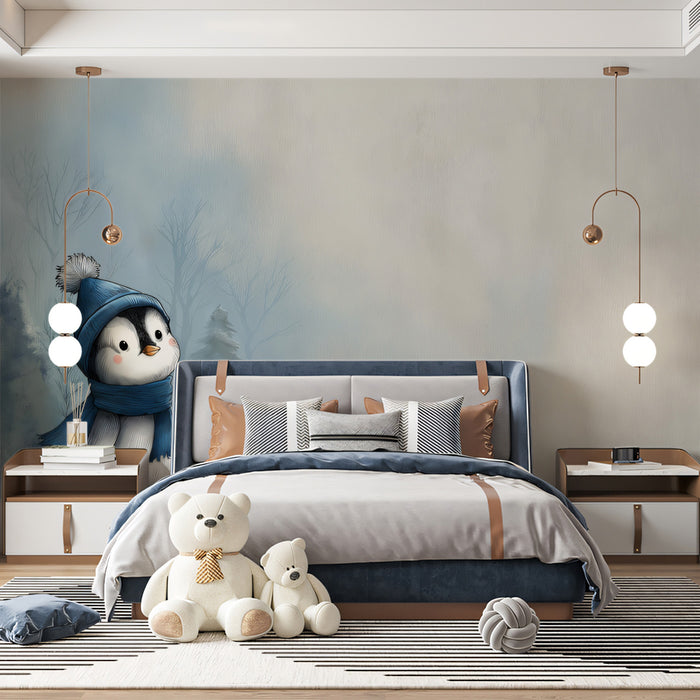 Whimsical Penguin Landscape Mural Wallpaper | Blue Winter Mist