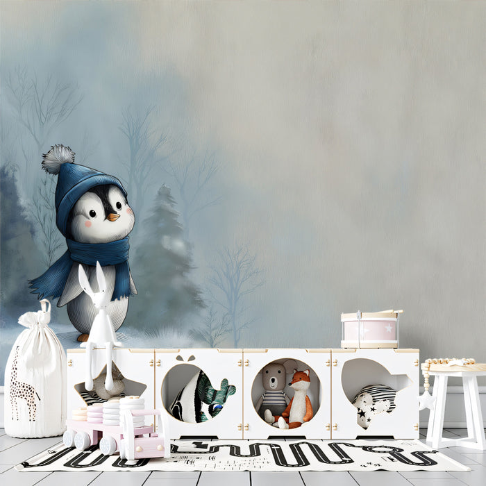 Whimsical Penguin Landscape Mural Wallpaper | Blue Winter Mist