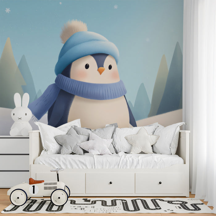 Adorable Penguin Character Mural Wallpaper | Stylized Winter Scene