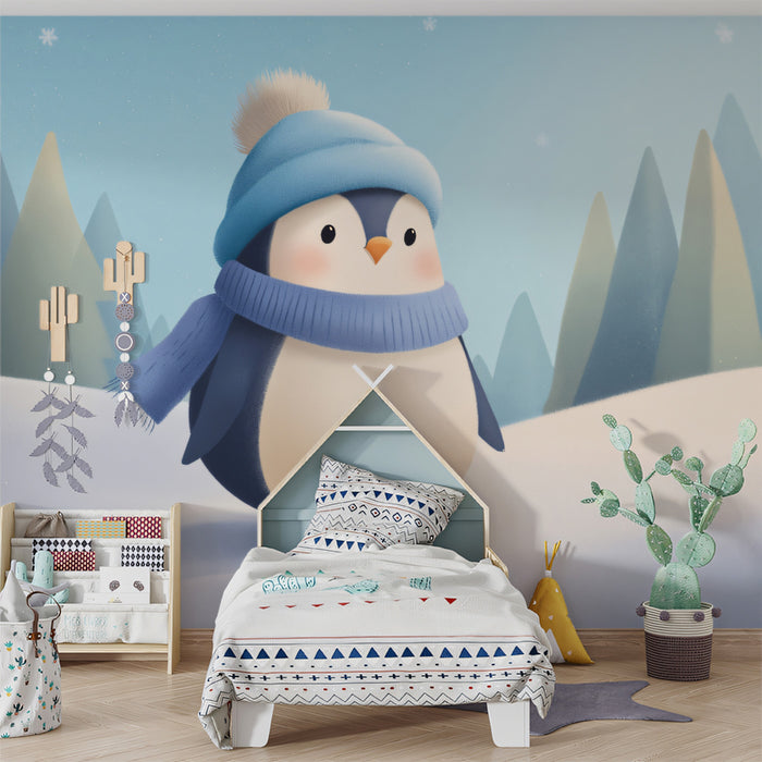 Adorable Penguin Character Mural Wallpaper | Stylized Winter Scene