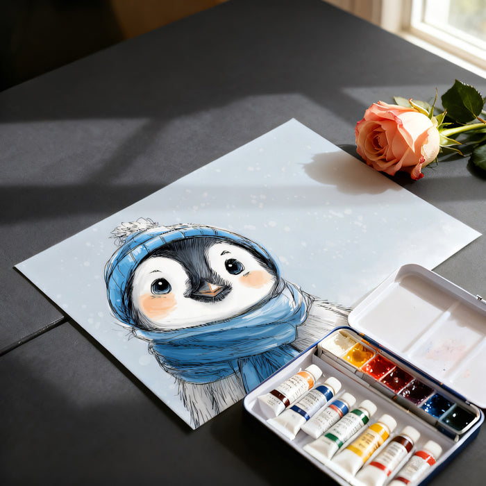 Happy Penguin Portrait Mural Wallpaper | Sketch Style Winter