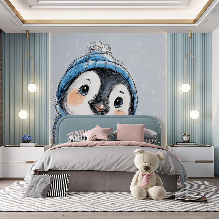 Happy Penguin Portrait Mural Wallpaper | Sketch Style Winter
