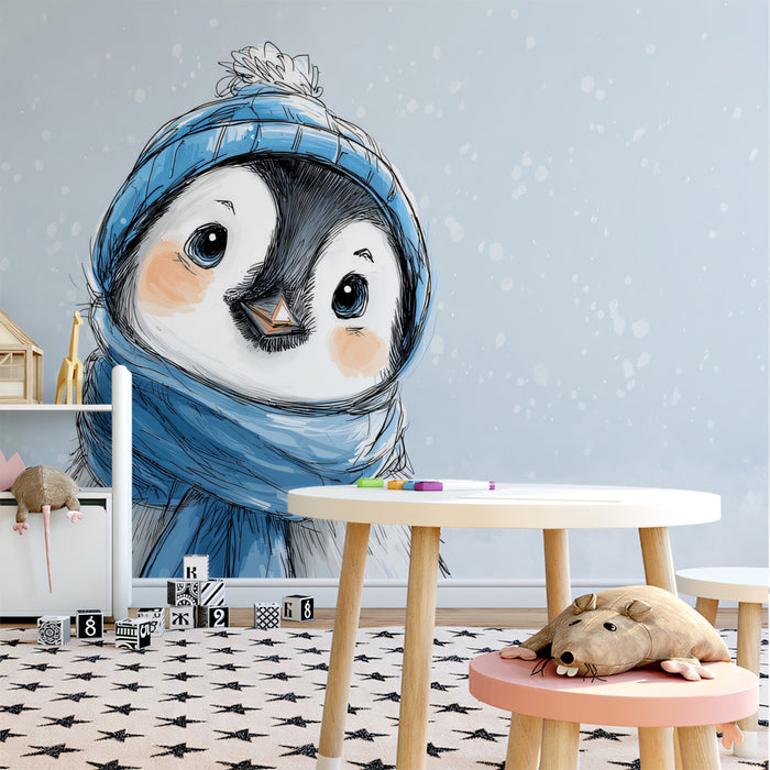 Happy Penguin Portrait Mural Wallpaper | Sketch Style Winter
