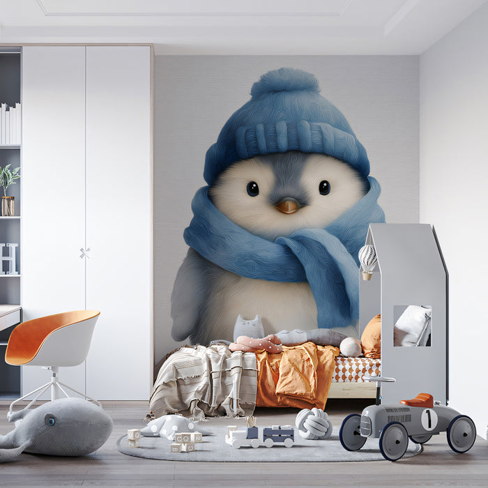 Fluffy Baby Penguin Mural Wallpaper | Cozy Knitted Hat