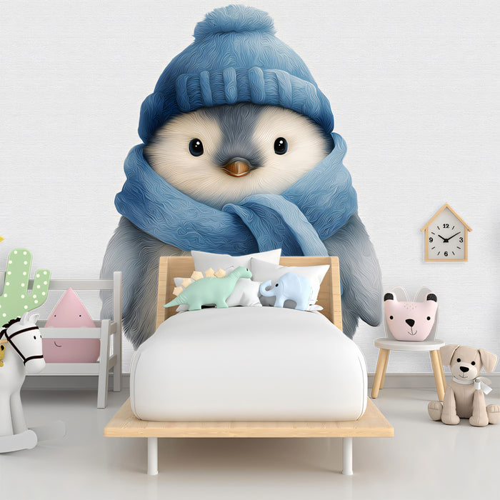 Fluffy Baby Penguin Mural Wallpaper | Cozy Knitted Hat