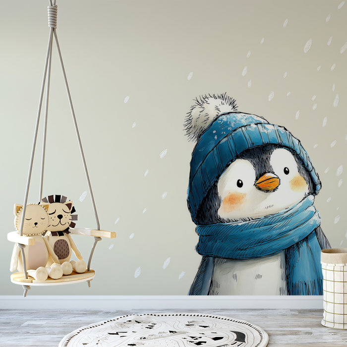 Snow Gazing Penguin Mural Wallpaper | Gentle Winter Flurries