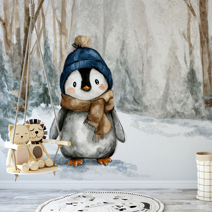 Watercolor Penguin Forest Mural Wallpaper | Classic Holiday Art