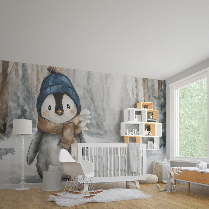 Watercolor Penguin Forest Mural Wallpaper | Classic Holiday Art