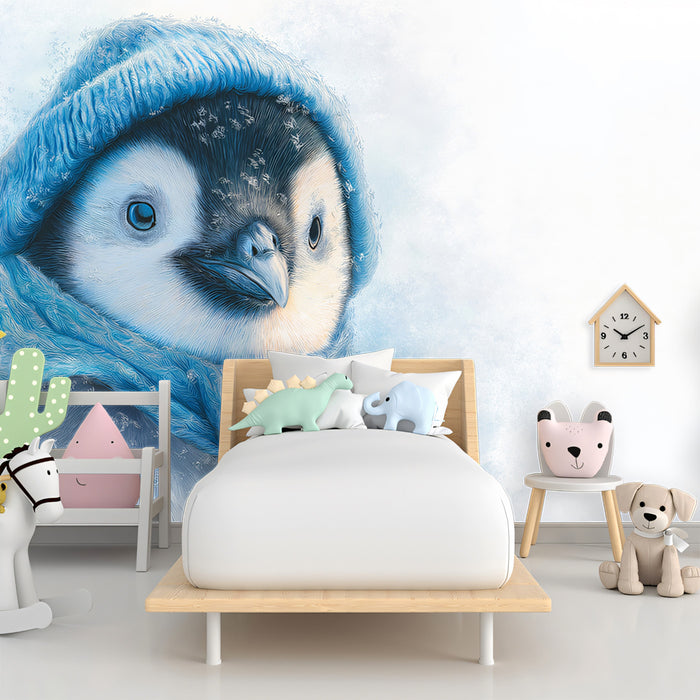 Hyper-Realistic Baby Penguin Mural Wallpaper | Blue Knit Detail