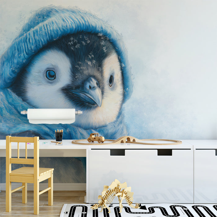 Hyper-Realistic Baby Penguin Mural Wallpaper | Blue Knit Detail
