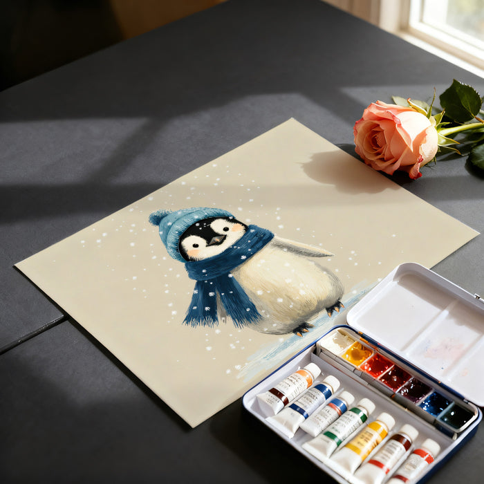 Playful Snow Penguin Mural Wallpaper | Beige Winter Illustration