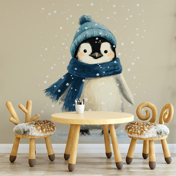 Playful Snow Penguin Mural Wallpaper | Beige Winter Illustration