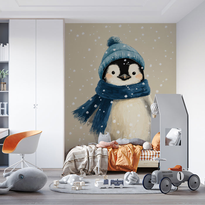 Playful Snow Penguin Mural Wallpaper | Beige Winter Illustration