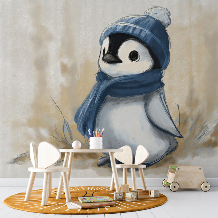 Watercolor Baby Penguin Mural Wallpaper | Soft Earthy Tones