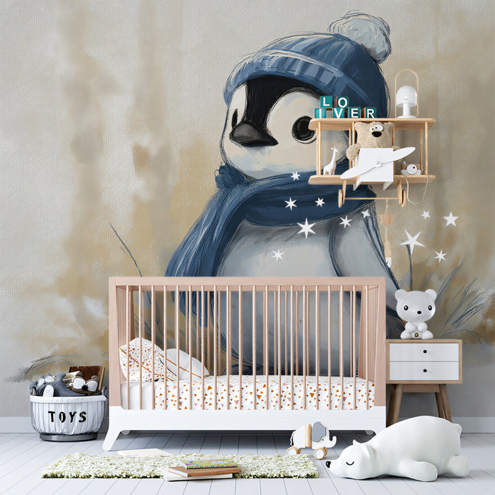 Watercolor Baby Penguin Mural Wallpaper | Soft Earthy Tones