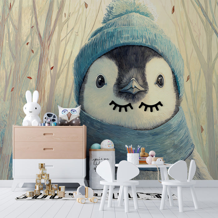 Close-Up Winter Penguin Mural Wallpaper | Soft Pastel Forest