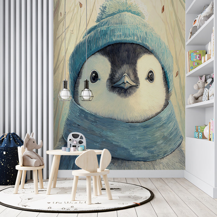 Close-Up Winter Penguin Mural Wallpaper | Soft Pastel Forest