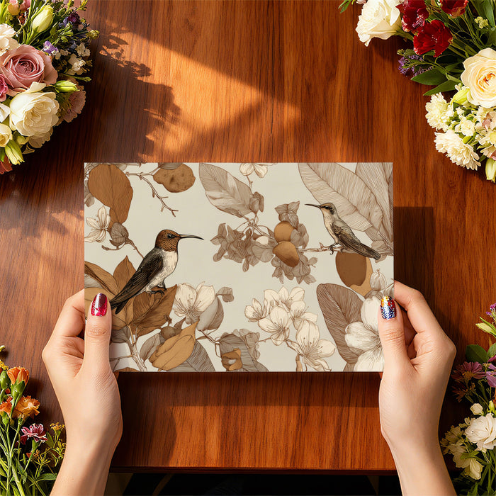 Vintage Sepia Hummingbird Mural Wallpaper | Botanical Illustration