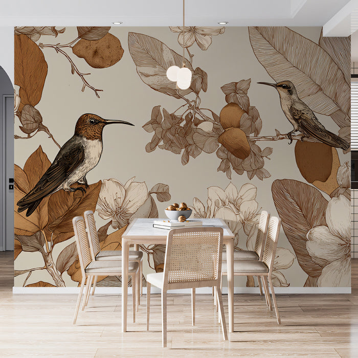Vintage Sepia Hummingbird Mural Wallpaper | Botanical Illustration