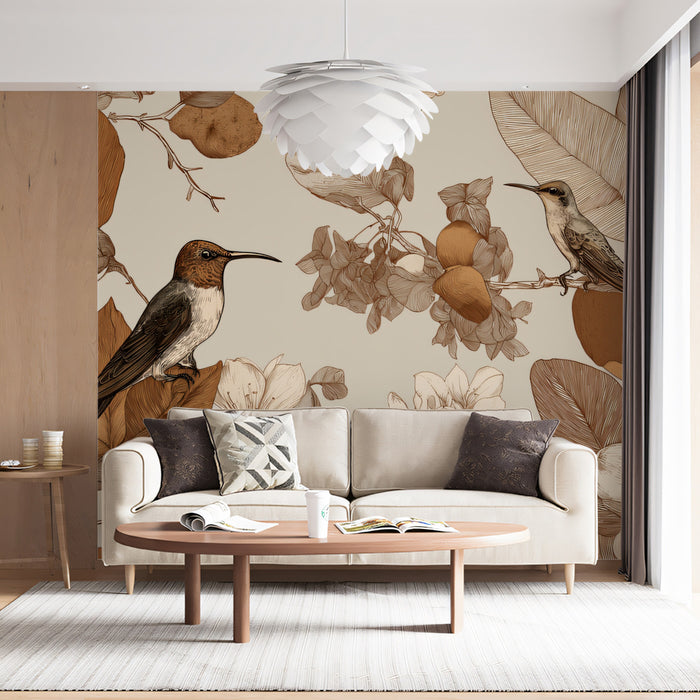 Vintage Sepia Hummingbird Mural Wallpaper | Botanical Illustration