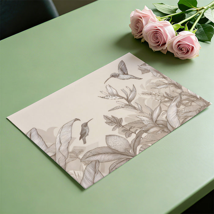 Elegant Beige Botanical Mural Wallpaper | Hummingbird Line Art