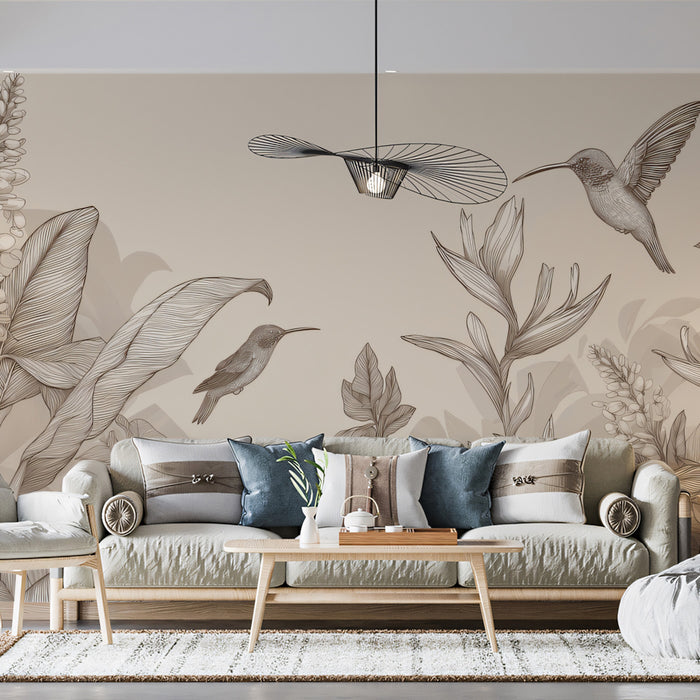 Elegant Beige Botanical Mural Wallpaper | Hummingbird Line Art