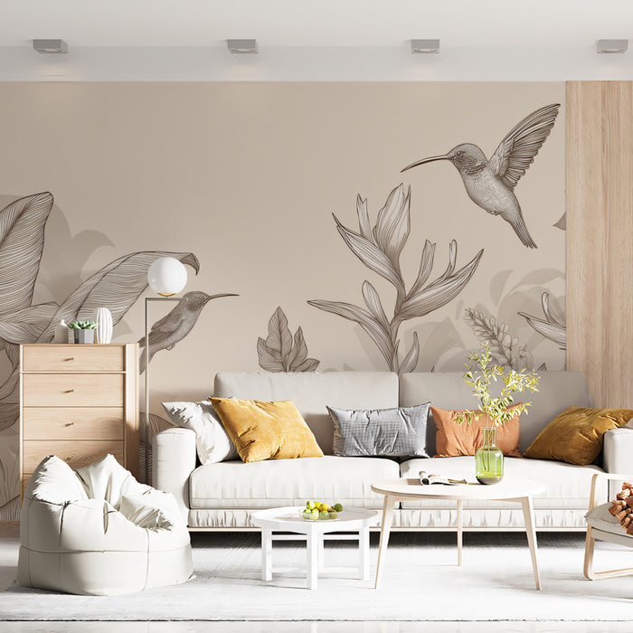 Elegant Beige Botanical Mural Wallpaper | Hummingbird Line Art