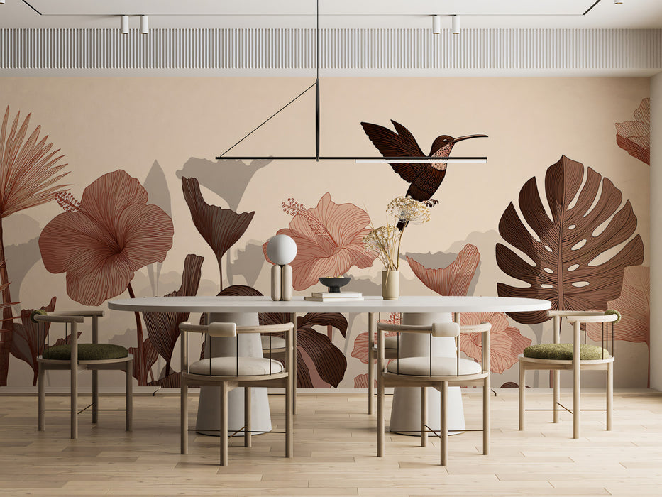Sepia Tropical Garden Mural Wallpaper | Vintage Hummingbird Art
