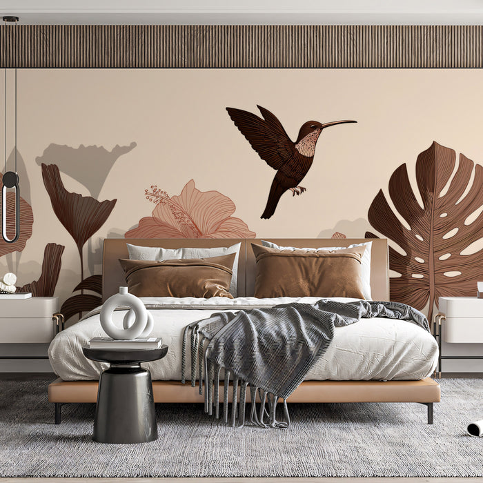 Sepia Tropical Garden Mural Wallpaper | Vintage Hummingbird Art