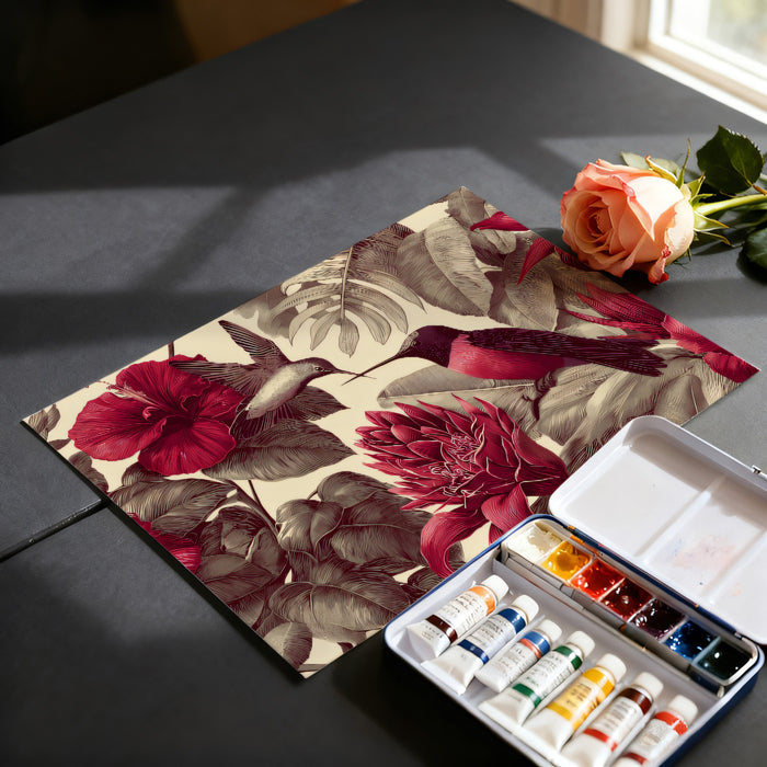 Dramatic Red Hibiscus Mural Wallpaper | Vintage Floral Hummingbird