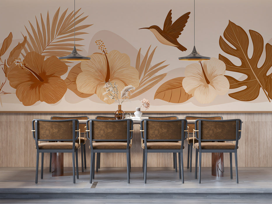 Terracotta Tropical Border Mural Wallpaper | Warm Floral Landscape