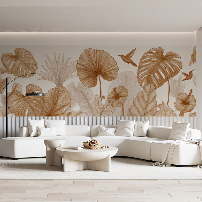 Golden Line Art Jungle Mural Wallpaper | Luxury Botanical Sketch