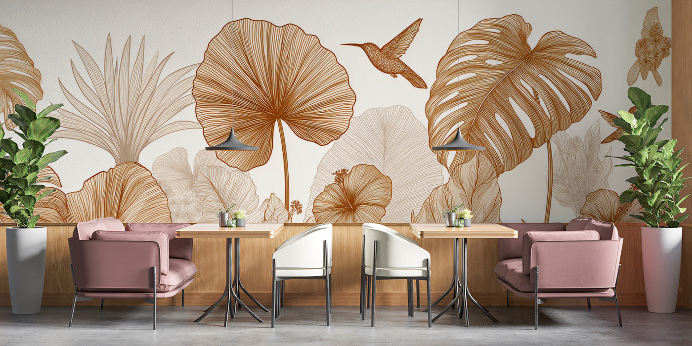 Golden Line Art Jungle Mural Wallpaper | Luxury Botanical Sketch
