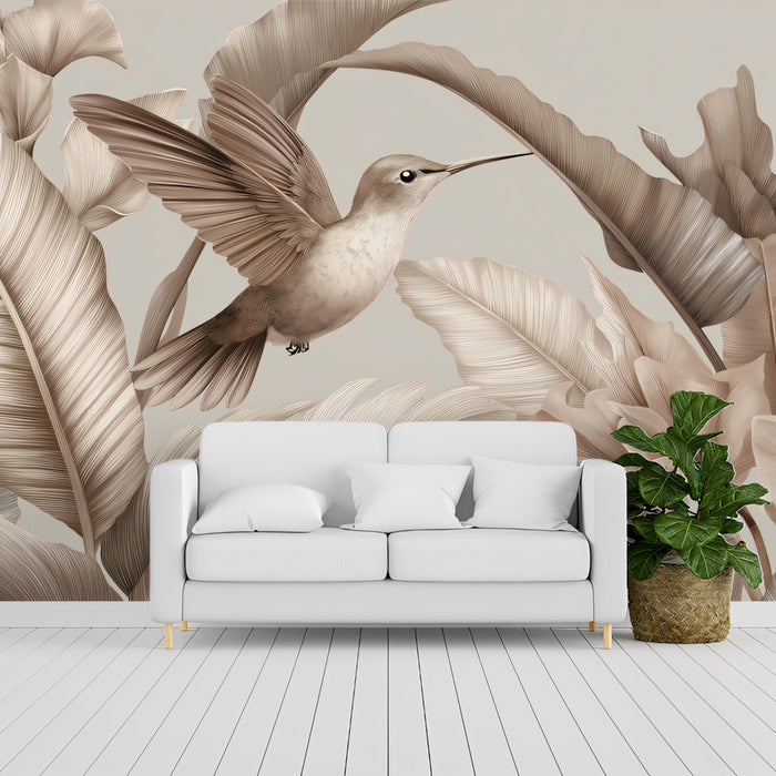 Soft Sepia Hummingbird Mural Wallpaper | Realistic Botanical Art