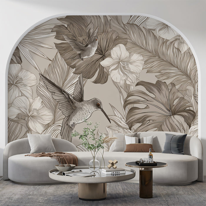 Vintage Tropical Jungle Pattern Mural Wallpaper | Dense Sepia Foliage