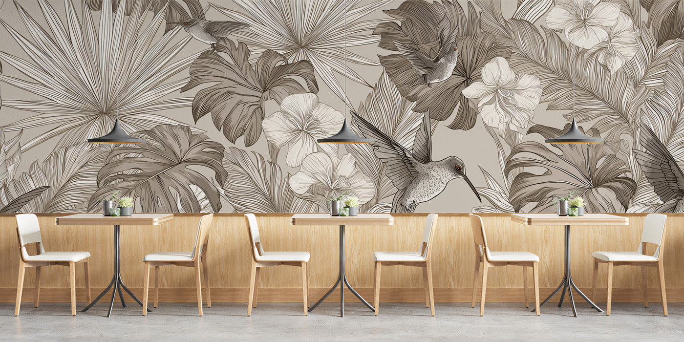 Vintage Tropical Jungle Pattern Mural Wallpaper | Dense Sepia Foliage
