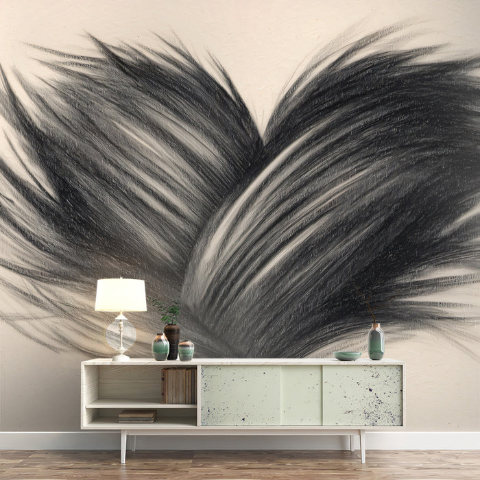 Sketchy Fur Heart Mural Wallpaper | Textured Black and White Art