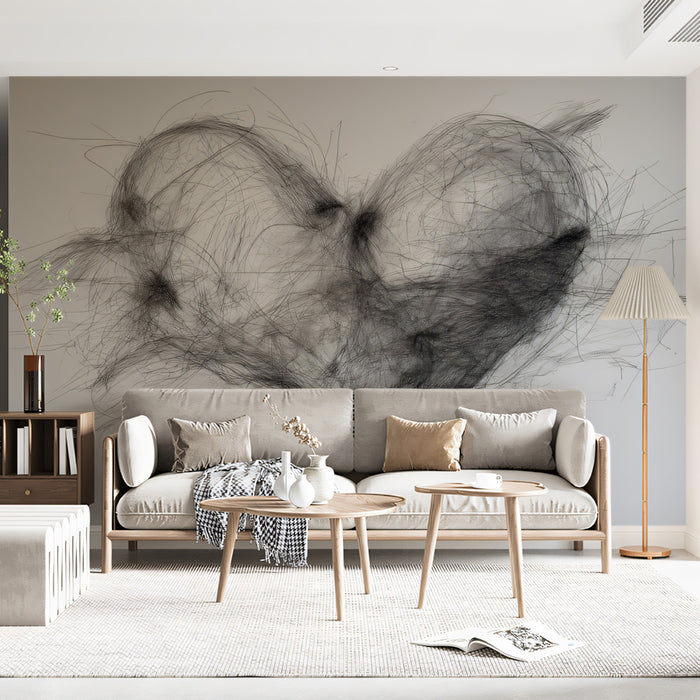 Chaotic Scribble Heart Mural Wallpaper | Wire Mesh Sketch