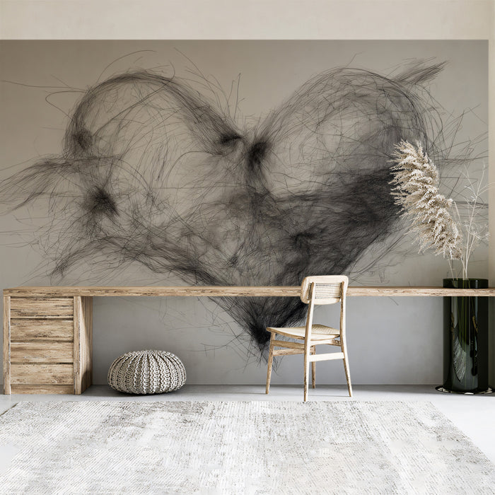 Chaotic Scribble Heart Mural Wallpaper | Wire Mesh Sketch