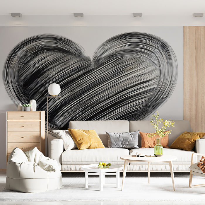 Striated Brushstroke Heart Mural Wallpaper | Textured Ink Art