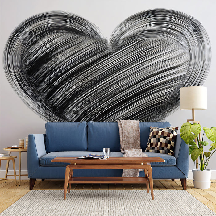 Striated Brushstroke Heart Mural Wallpaper | Textured Ink Art