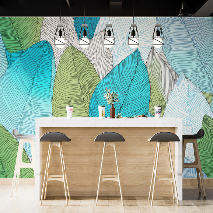 Vibrant Teal Leaf Pattern Mural Wallpaper | Detailed Vein Texture