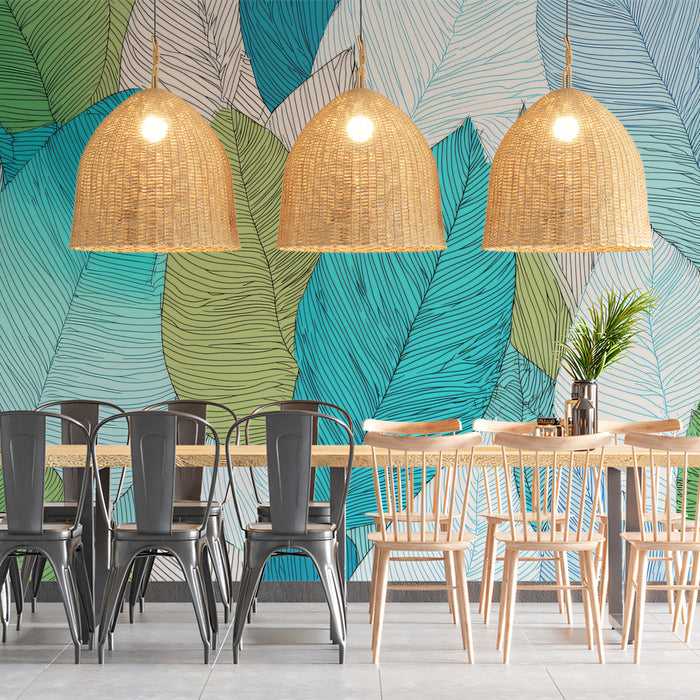 Vibrant Teal Leaf Pattern Mural Wallpaper | Detailed Vein Texture