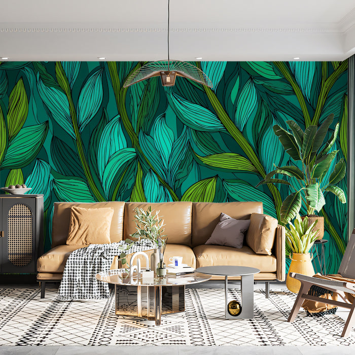 Lush Emerald Foliage Mural Wallpaper | Dense Botanical Vector