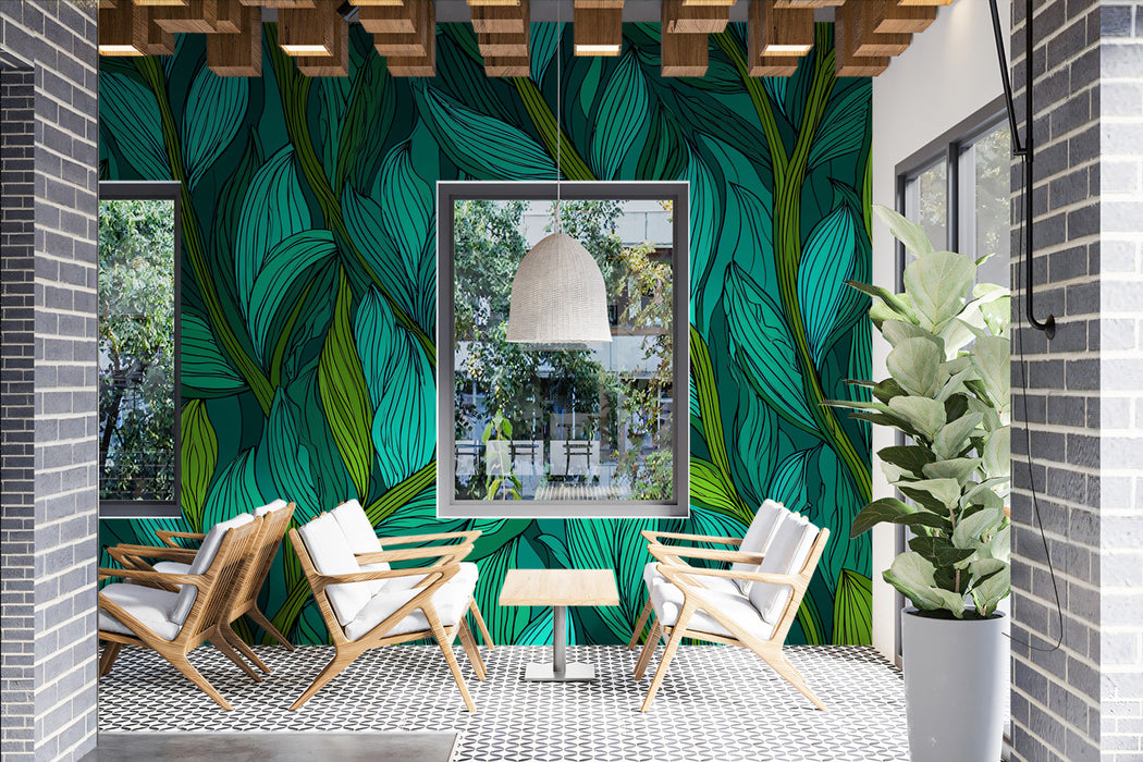 Lush Emerald Foliage Mural Wallpaper | Dense Botanical Vector